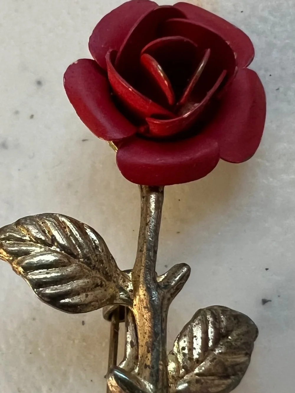 Vintage Retro Mid Century Matte Red Enamel Metal Rose Petal Brooch Lapel Pin
